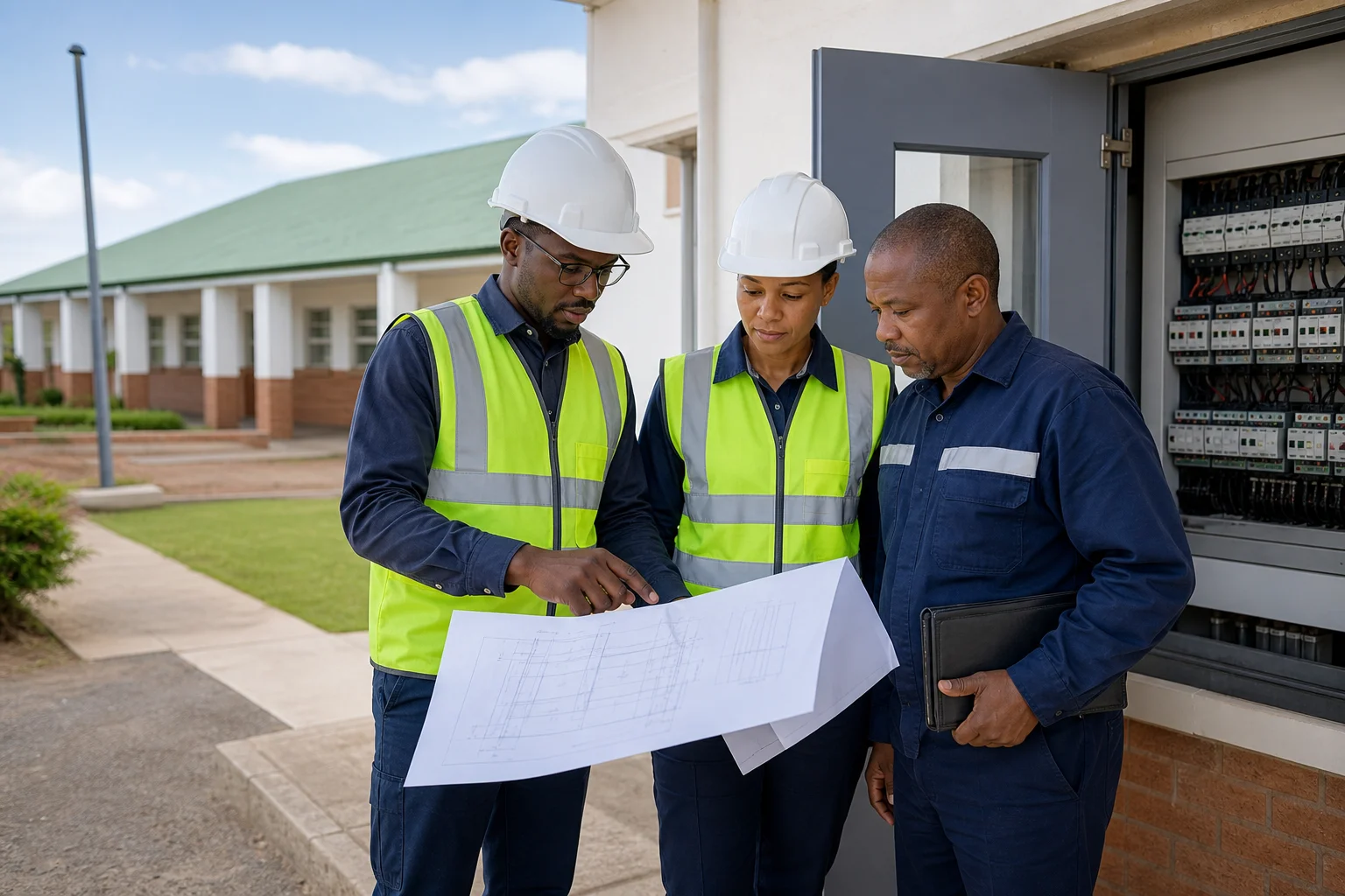 Site team reviewing electrical drawings at a school building